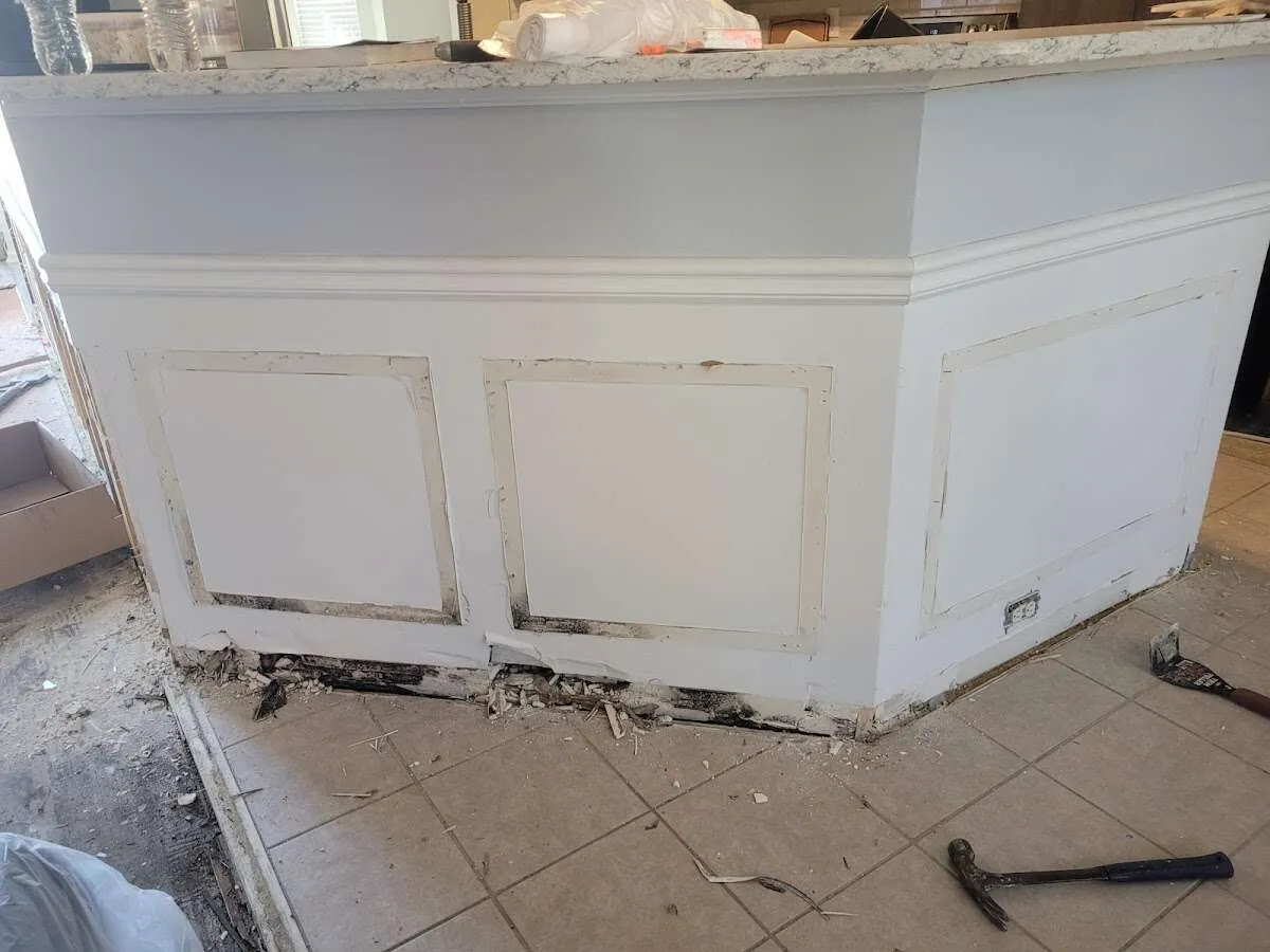 Water damage and mold on kitchen during Storm Damage Restoration in North Stonington